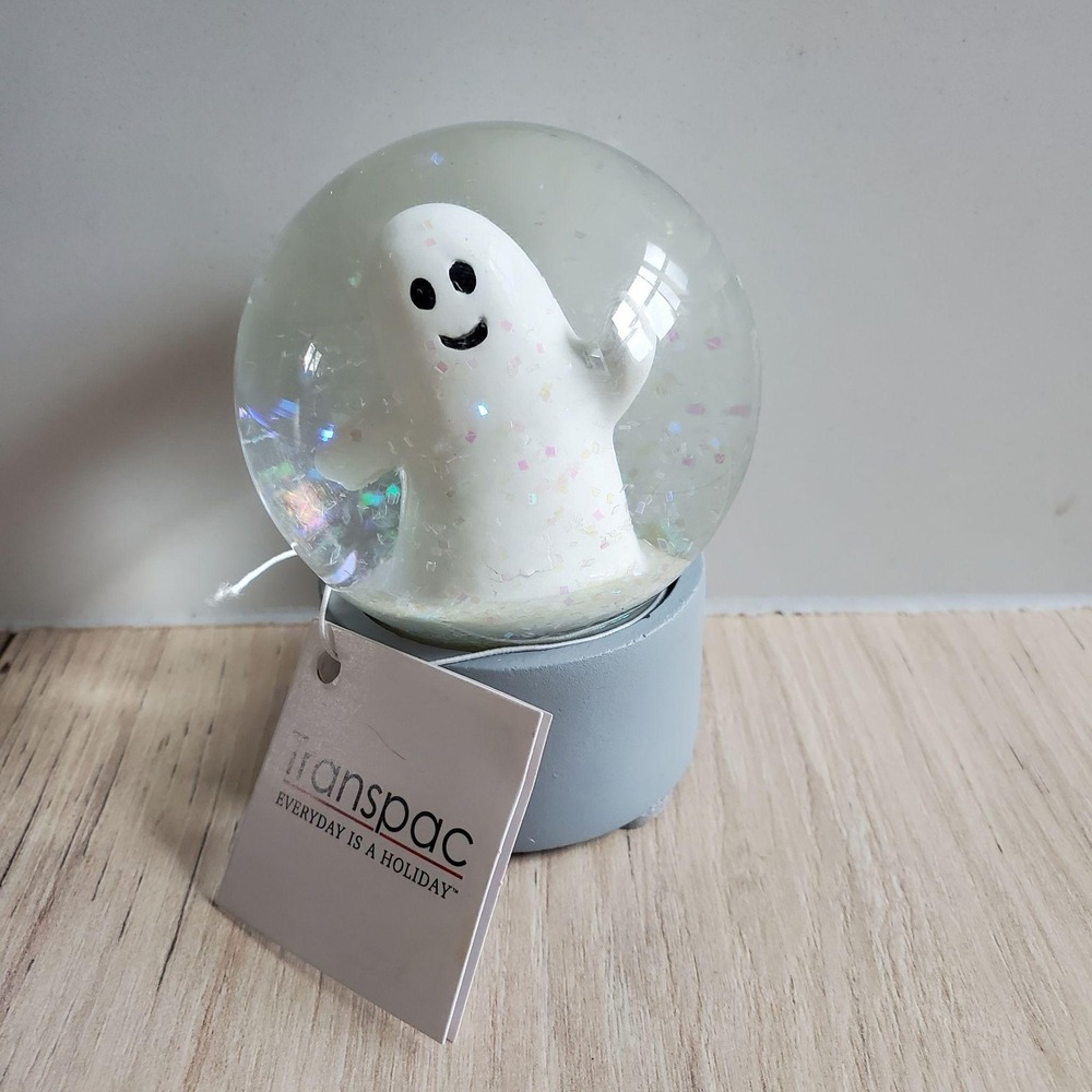 Transpac Mini Ghost Light Up Snow Globe Halloween White Glass Wood Decor LED